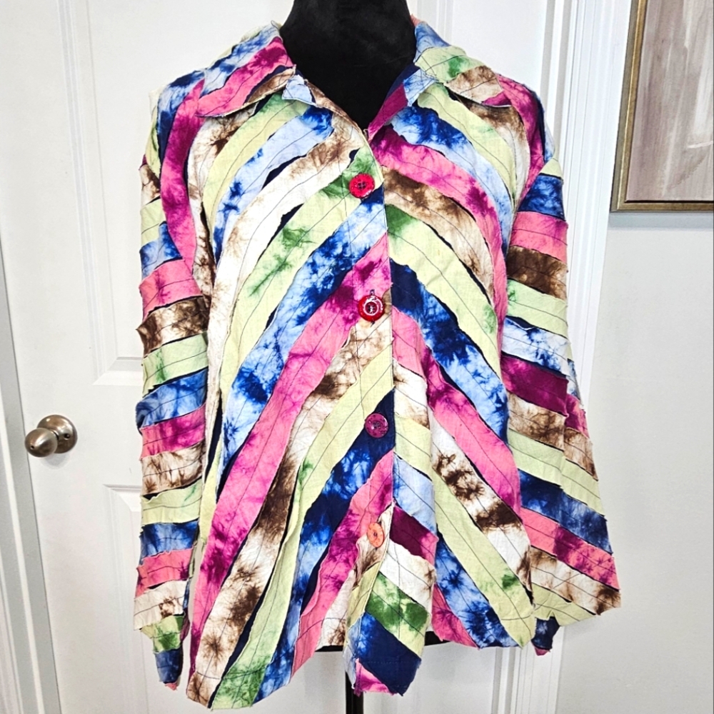 Patchington Vintage Multi Color Raw Strips Button Front Tie Dyed‎ Jacket - L